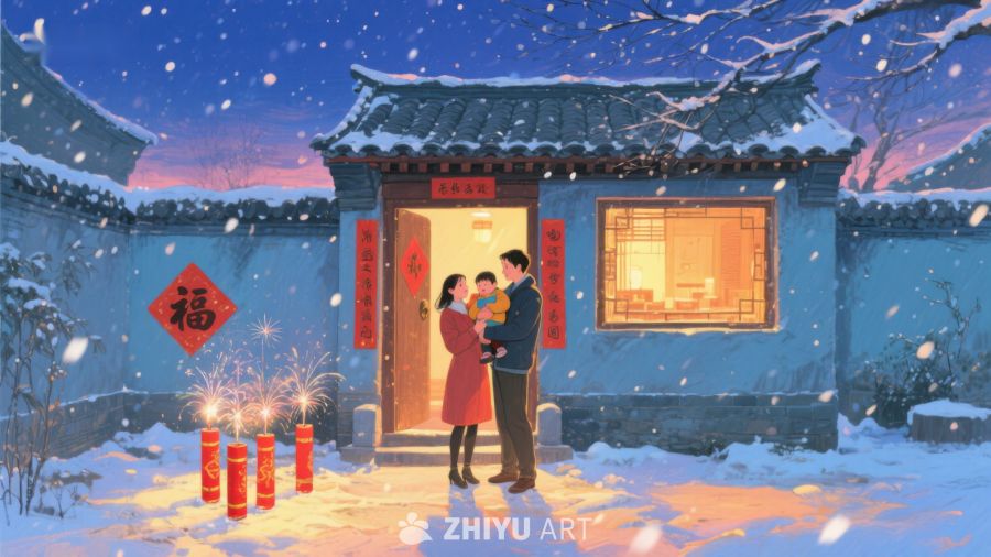冬夜温馨家庭，门前烟花绽放 196