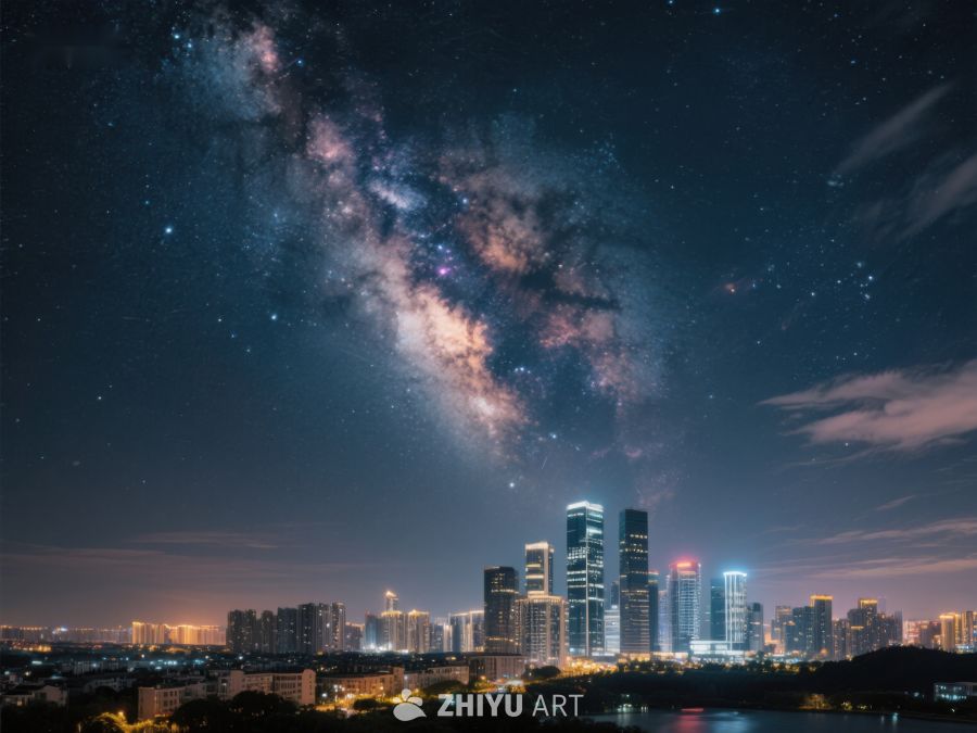 夜空银河下的城市景观 417