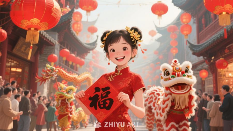 新春佳节，女子手持福字迎龙舞 1014