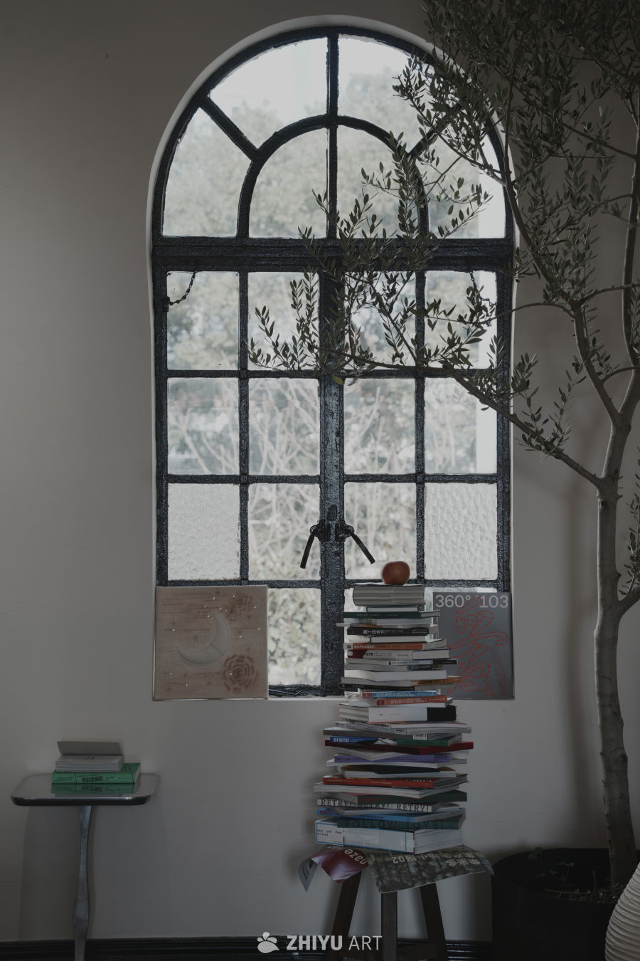 窗边书堆与绿植