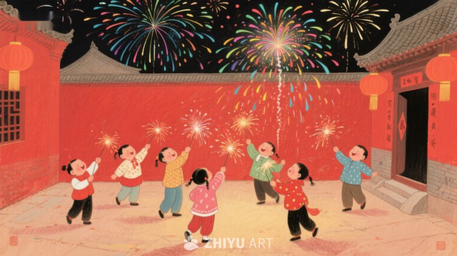 孩子们在烟花下欢庆节日 32