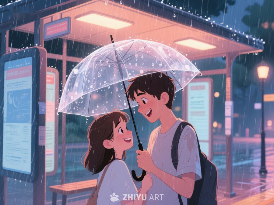 雨夜车站下的温馨伞影 1120