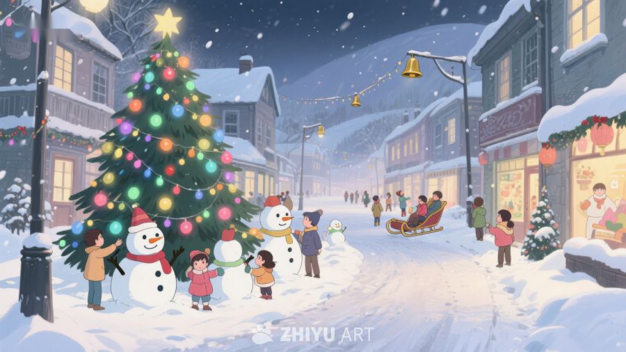 雪夜小镇的圣诞树与欢庆场景 461