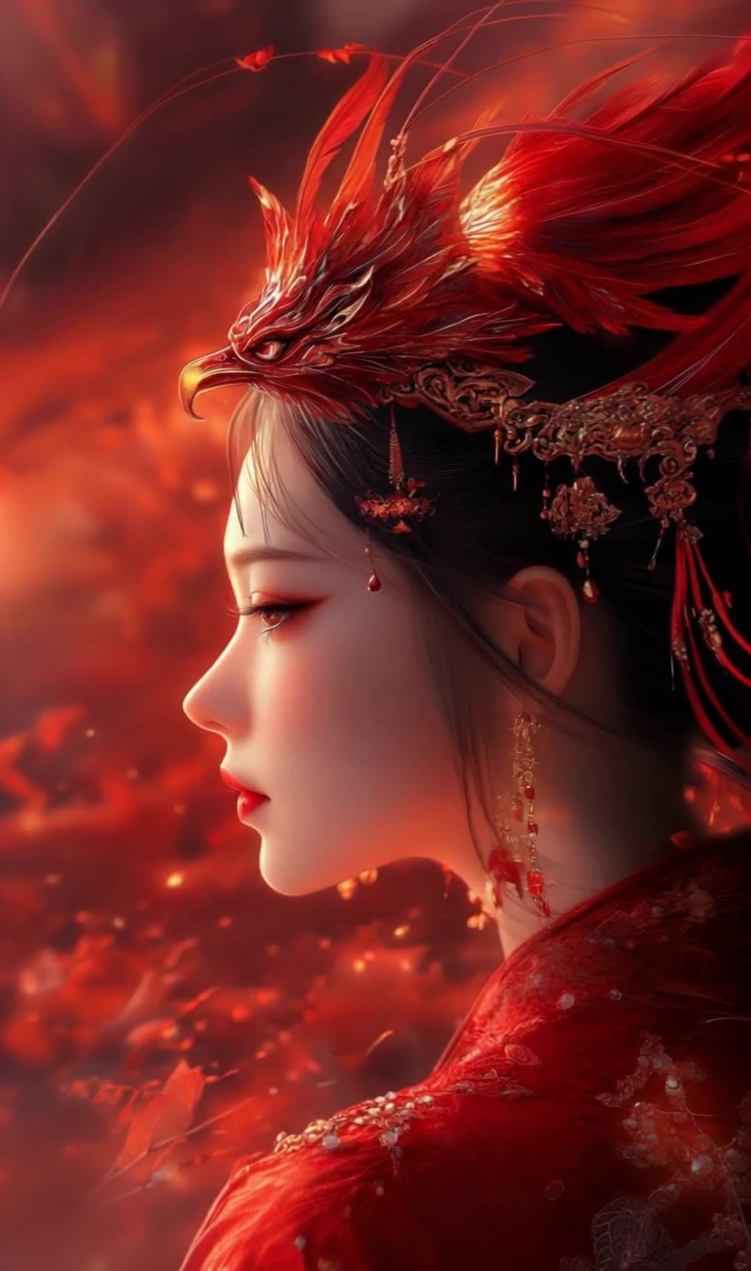 红衣女子，凤凰发饰，古典妆容，红色背景。
