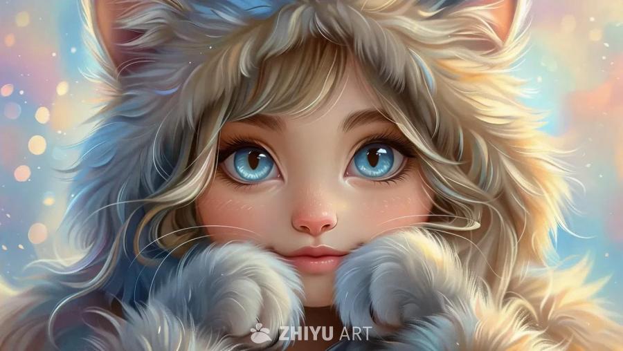 一个异想天开的场景，描绘了一个拟人化的顽皮猫女孩。
