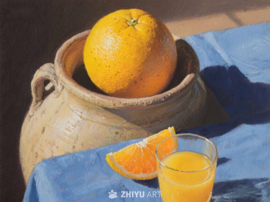 橙子与陶罐的静物画 65