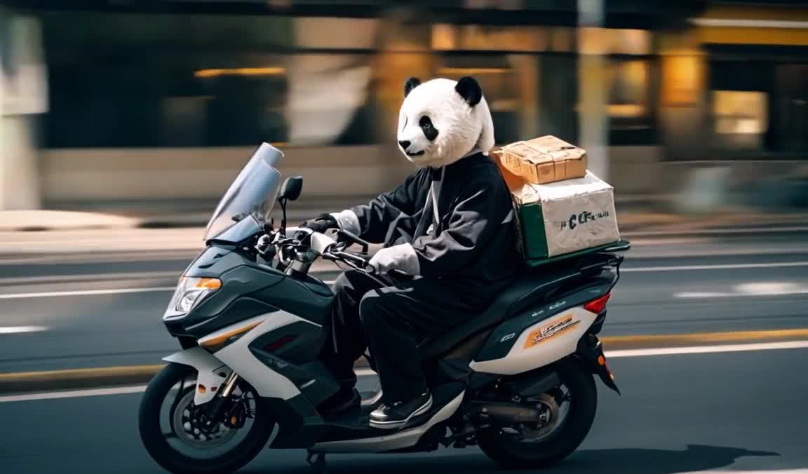 一个人戴着熊猫头套，身穿黑色外套和裤子，脚穿黑色鞋