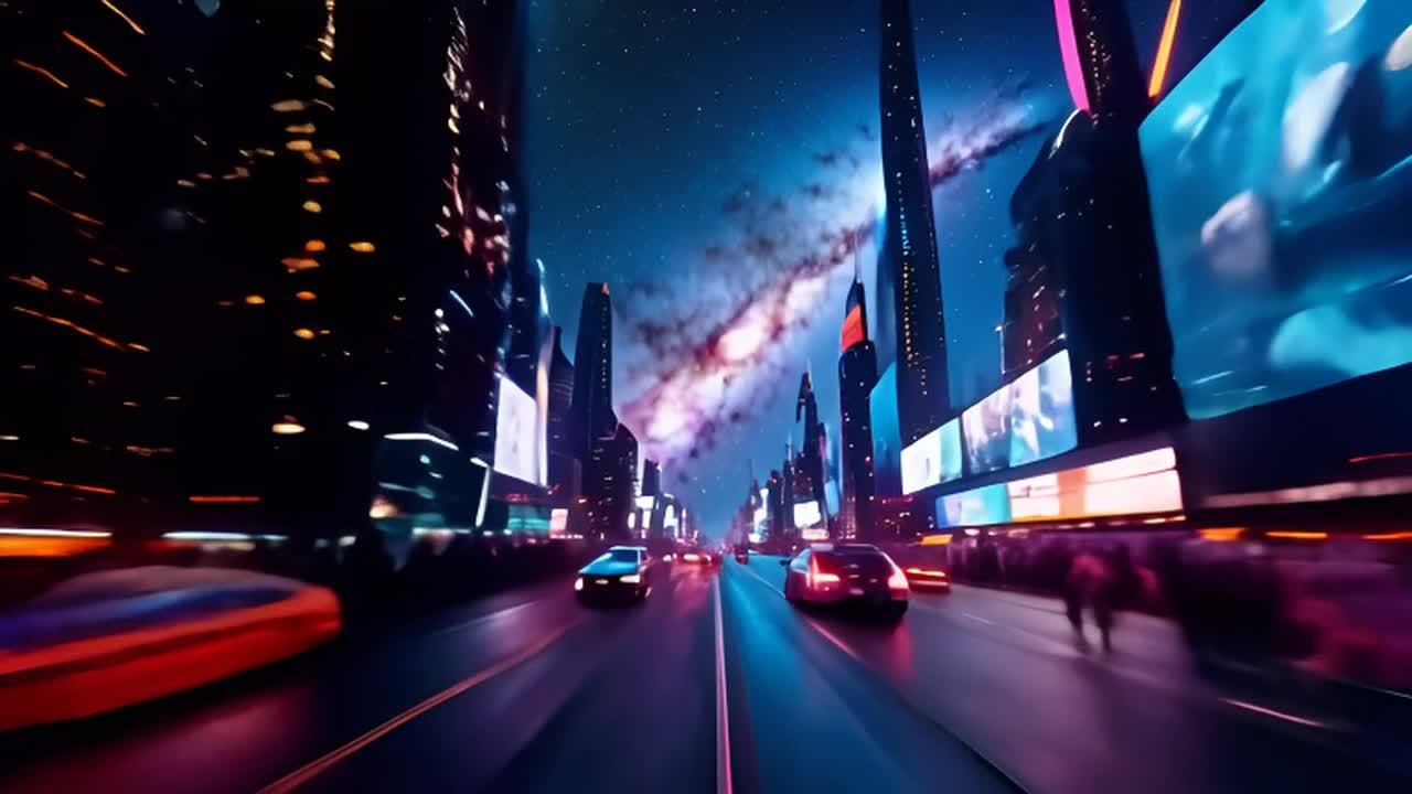 一个宇宙城市漂浮在星空中，城市中有发光的霓虹灯和漂