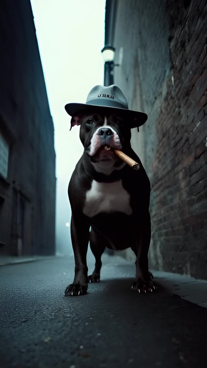 一只比特犬戴着灰色科波拉帽，嘴里叼着雪茄。镜头从低