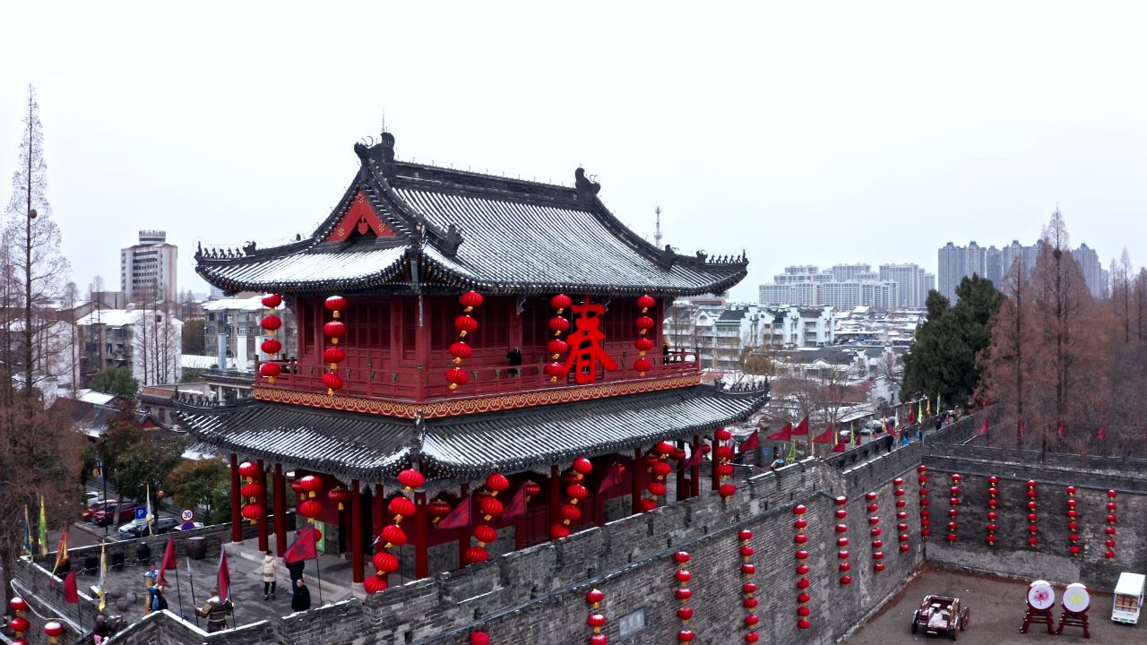 湖北荆州古城春节氛围航拍视频