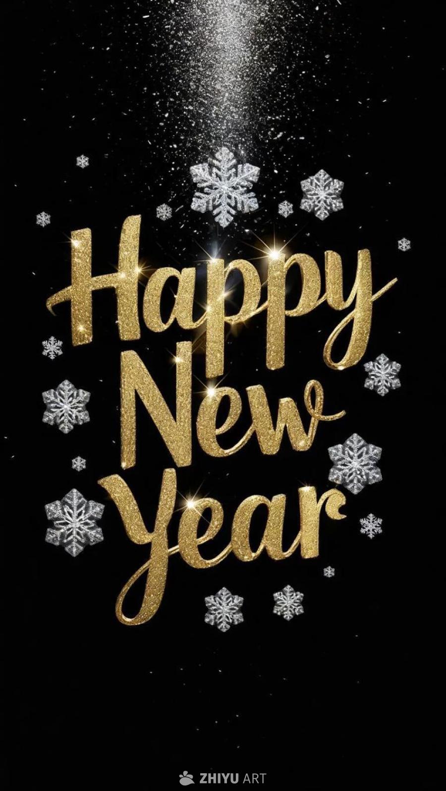 黑色的背景上，金银两色书写的“Happy New 