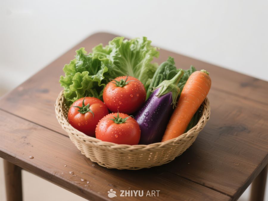 新鲜蔬菜篮置于木质桌面上 665