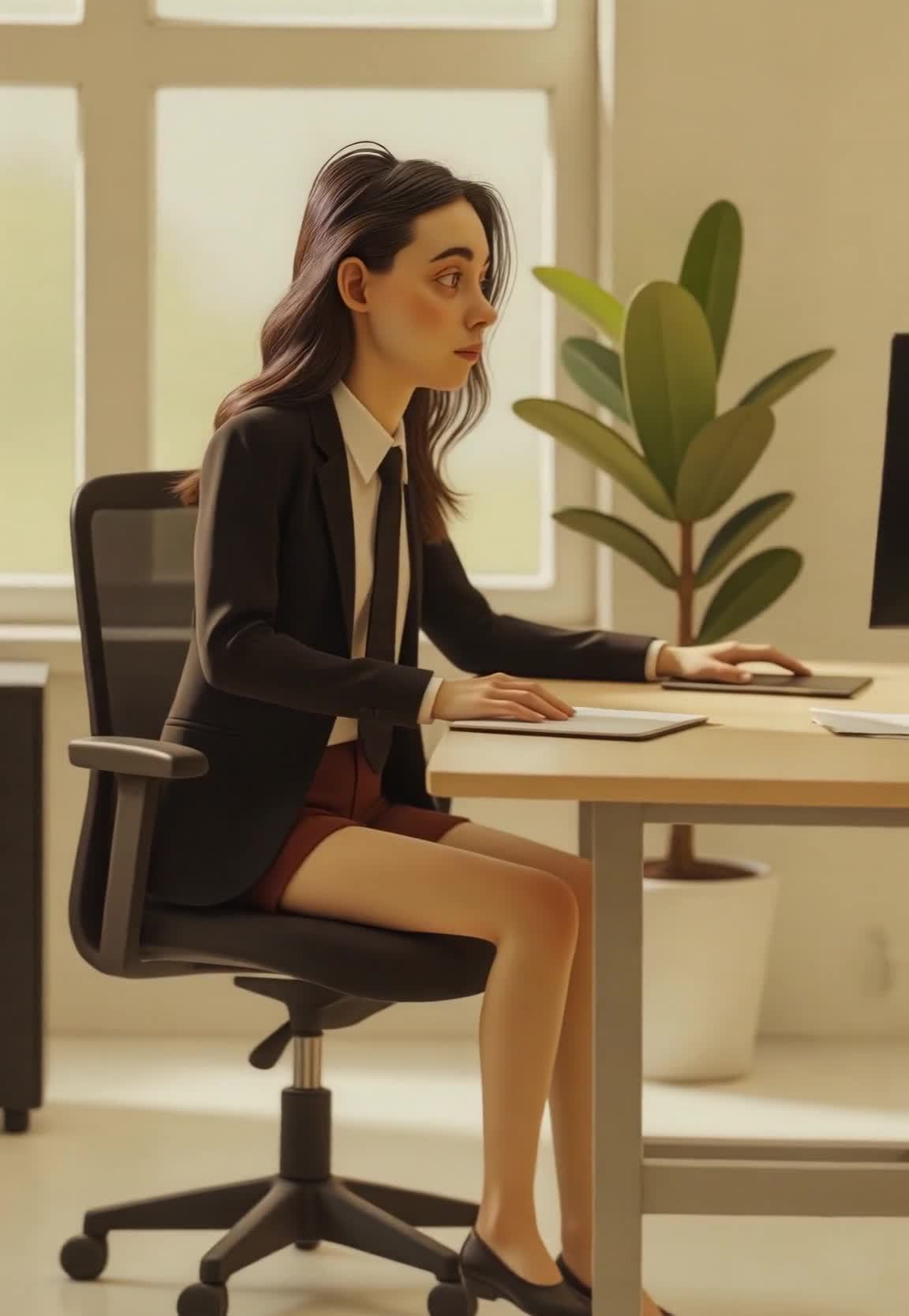 一位穿着黑色西装外套和红色短裙的女士坐在办公室的桌