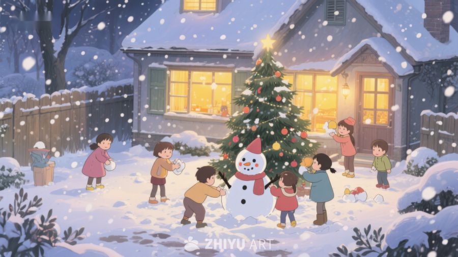 冬夜雪中孩子们装饰圣诞树 130