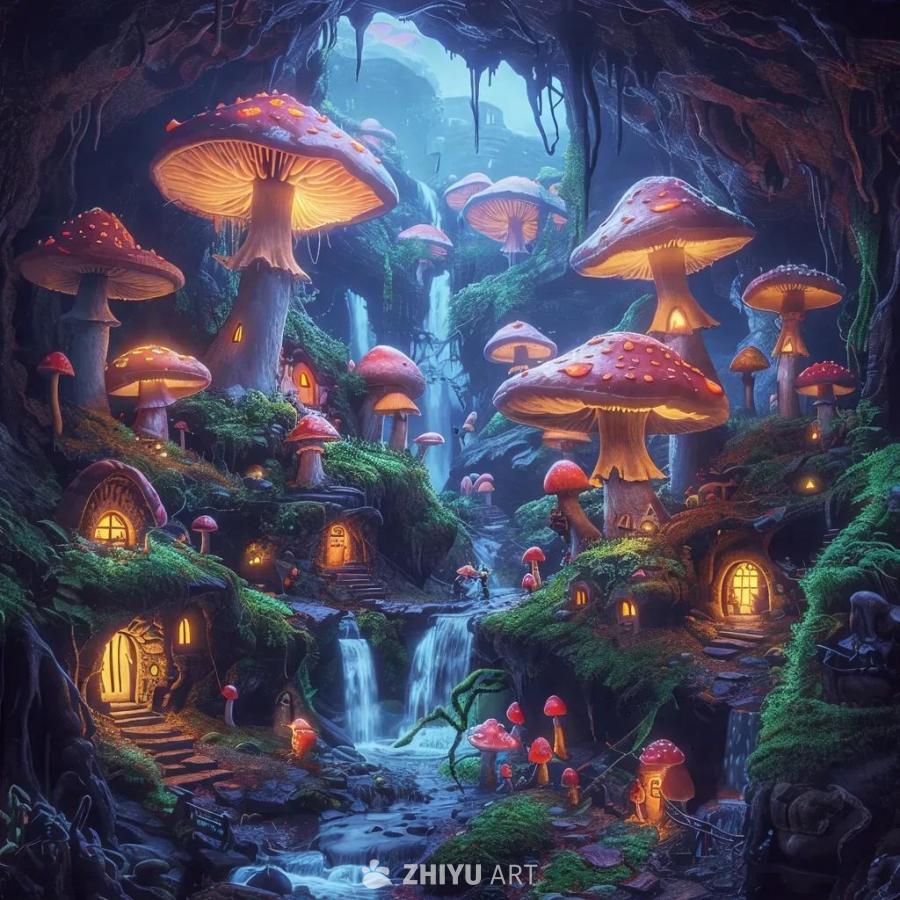 地下洞穴中，发光的人形蘑菇人居住。他们的蘑菇帽发出