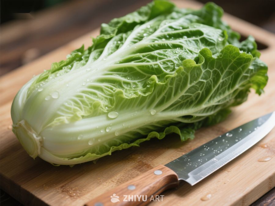 新鲜白菜置于砧板上，旁配刀具 393