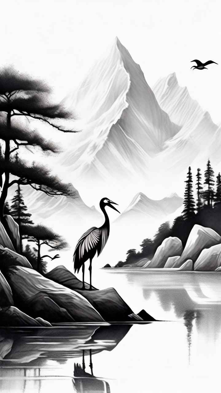 国风山水鹤插画背景 72
