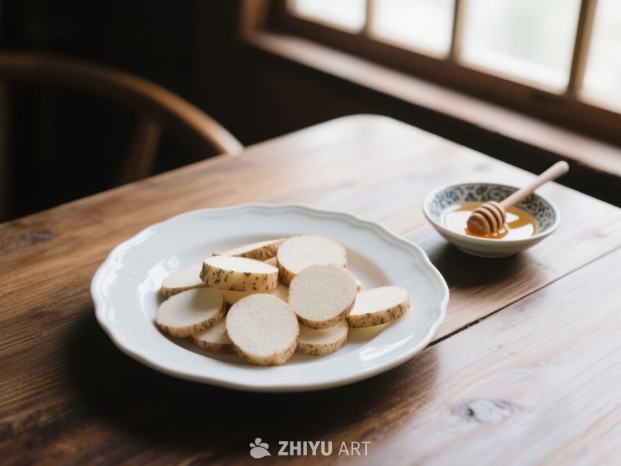 切片山药与蜂蜜，木桌上的健康美食 344