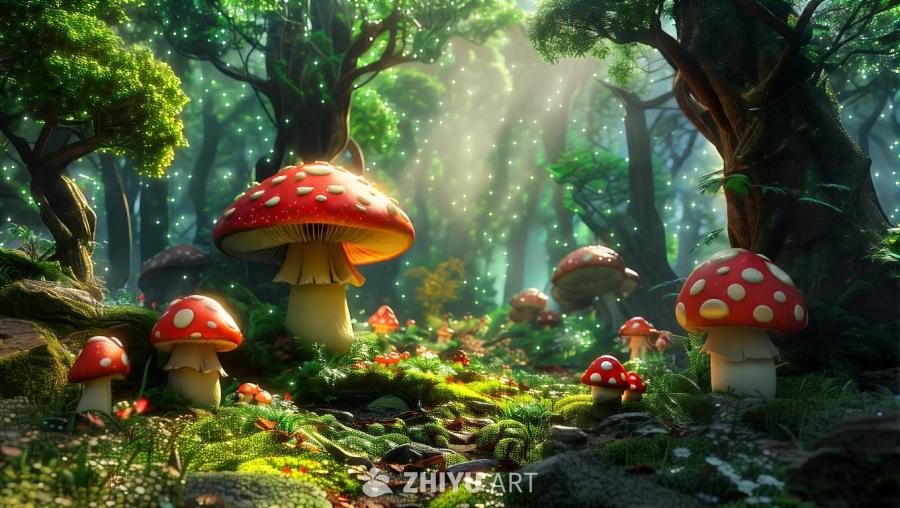 一座魔法森林里，生长着许多红色蘑菇，蘑菇伞盖上点缀