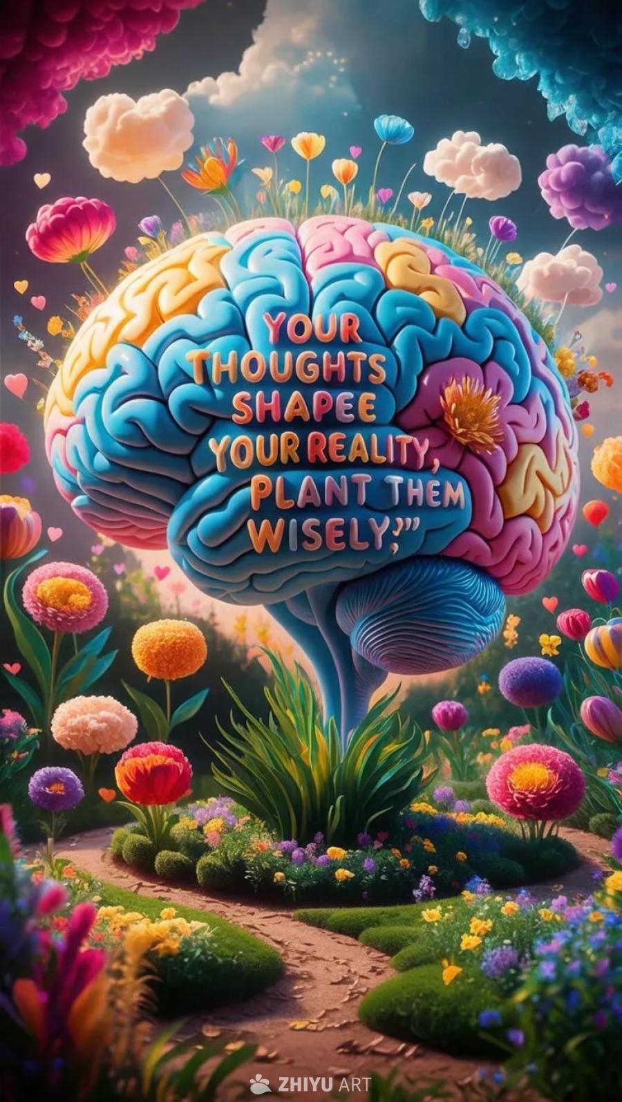 一个超现实主义的插图，描绘了一个大脑形状的花园，花