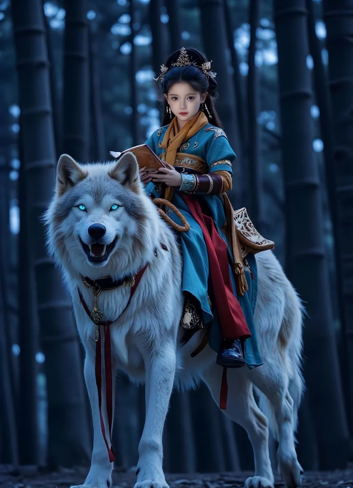 持书女孩骑着发光巨狼在森林前行