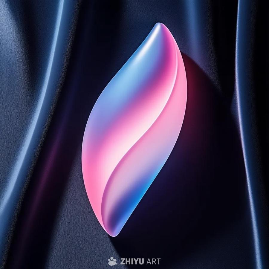 一个光滑弯曲的物体，带有粉色和蓝色的渐变，在深色背