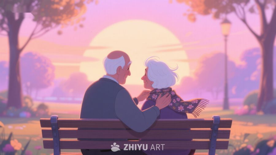 夕阳下公园长椅上的温馨时刻 534