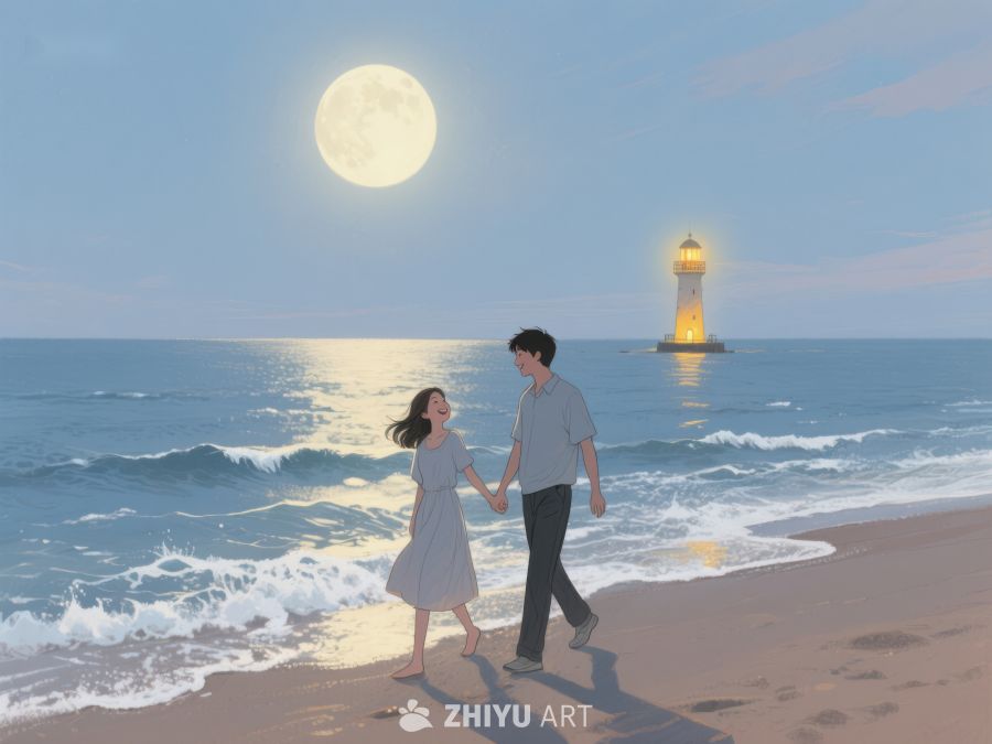 月下海滩漫步，灯塔映衬浪漫 1203
