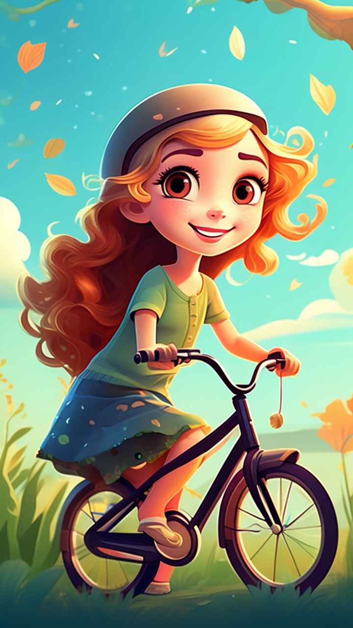 卡通可爱的女孩骑自行车梦幻般的意象 14