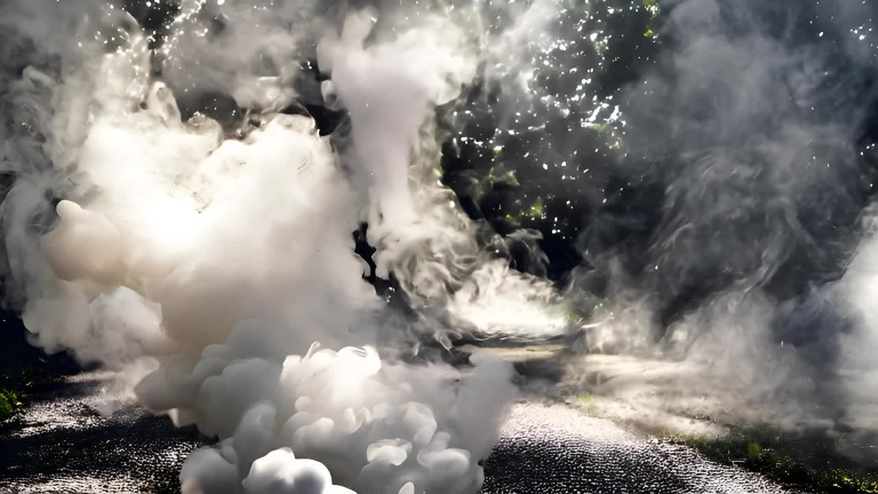 浓密的白色烟雾向上升腾，一部分烟雾呈现黑色。背景中