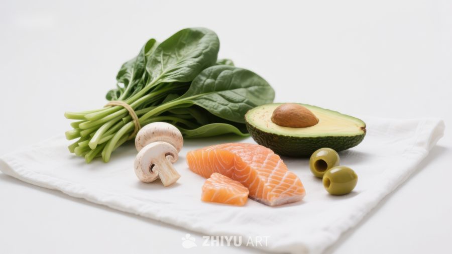 新鲜食材组合：菠菜、三文鱼、蘑菇和牛油果