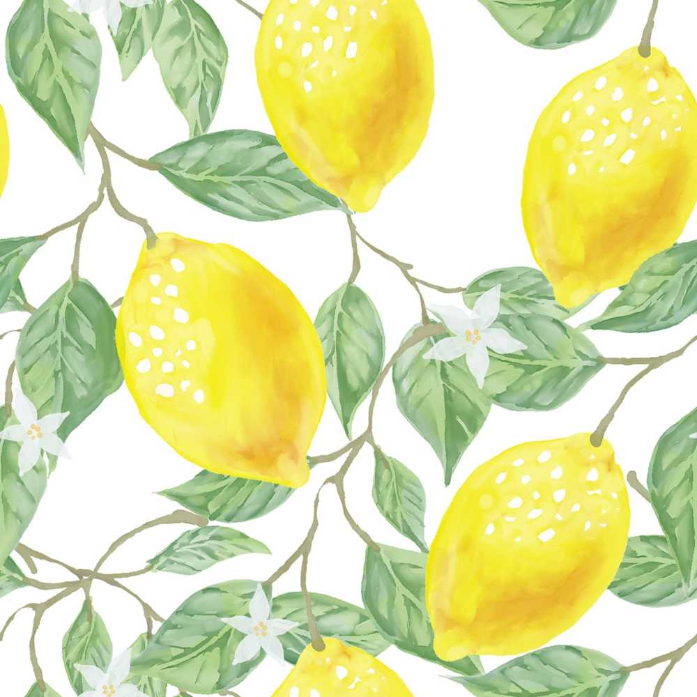 叶绿色黄色柠檬水果水彩模式墙纸的女孩