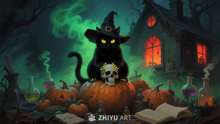 万圣夜黑猫与南瓜的神秘场景