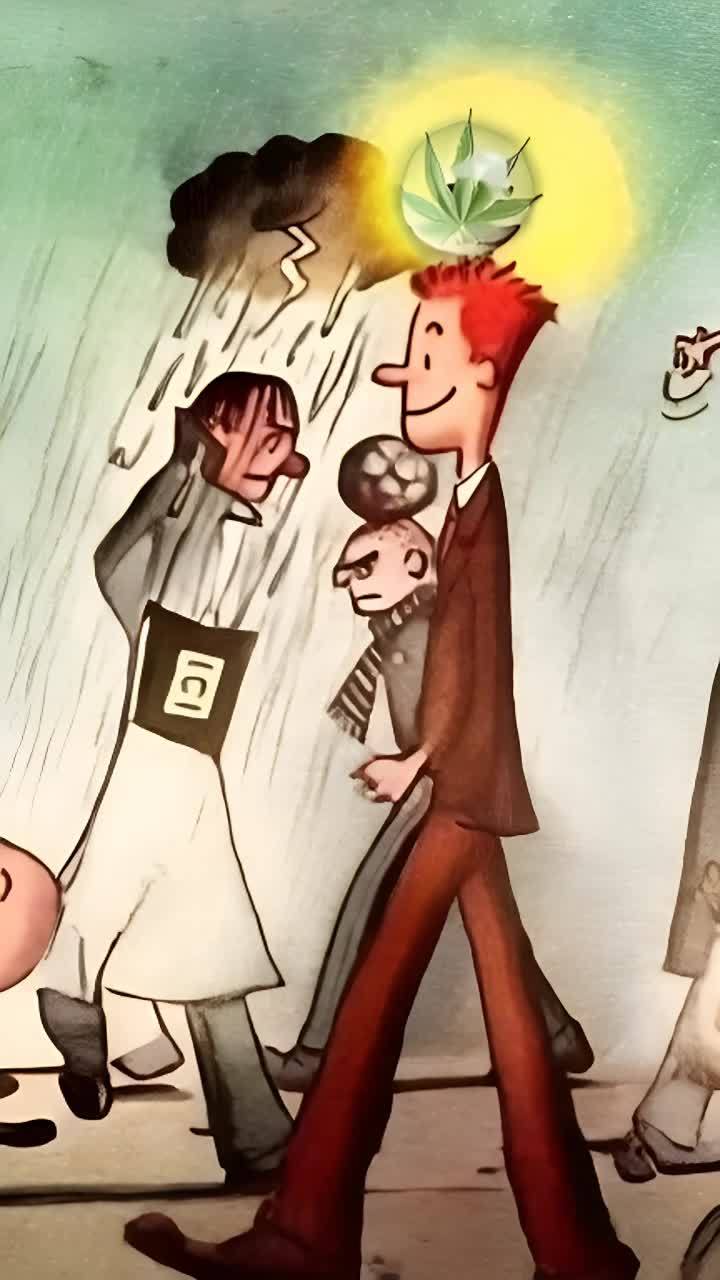 画面中有多个人在行走，一个头顶有发光大麻叶的红发男