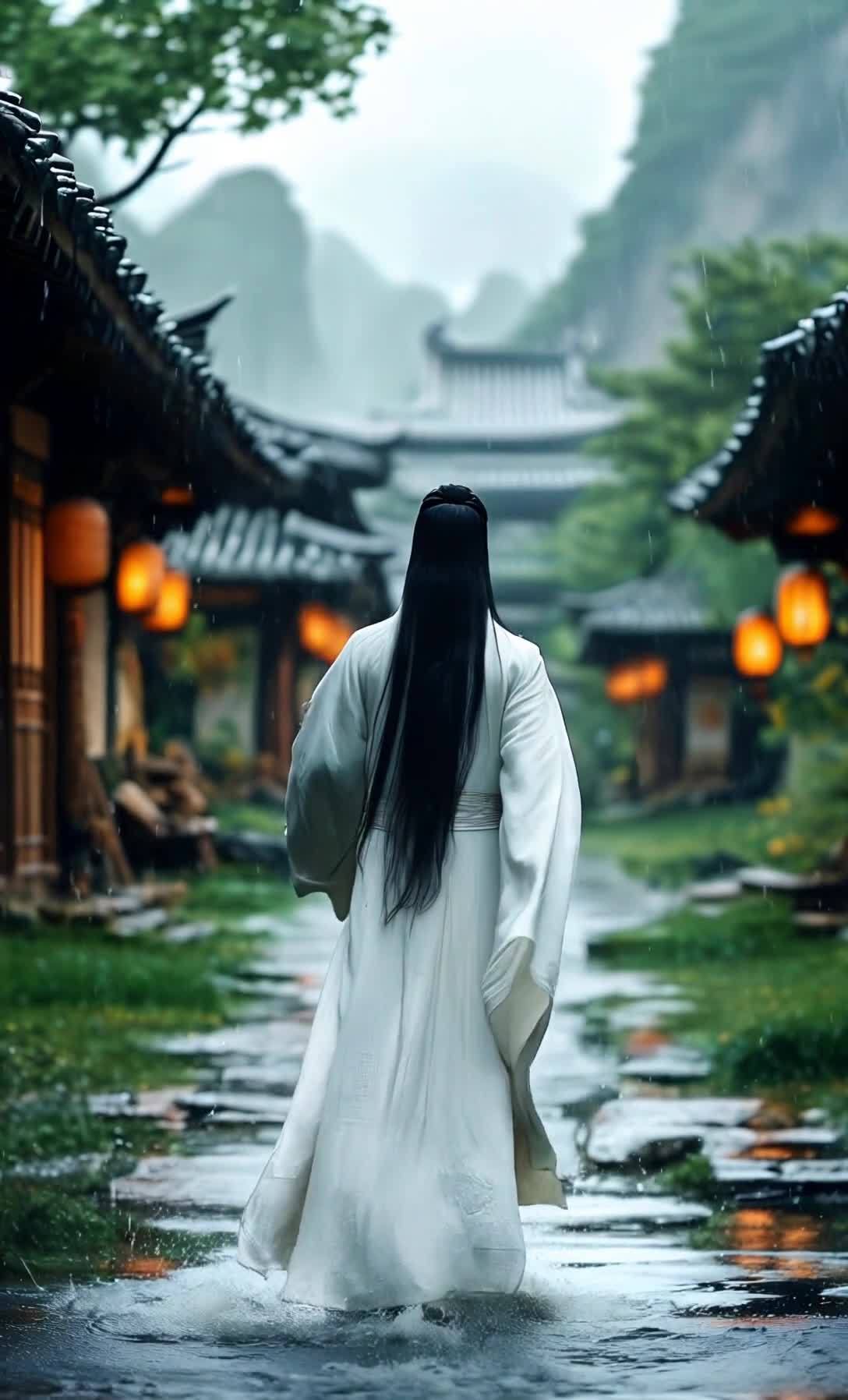 一名身穿白色长袍的人物，背对镜头，在雨中缓慢前行。