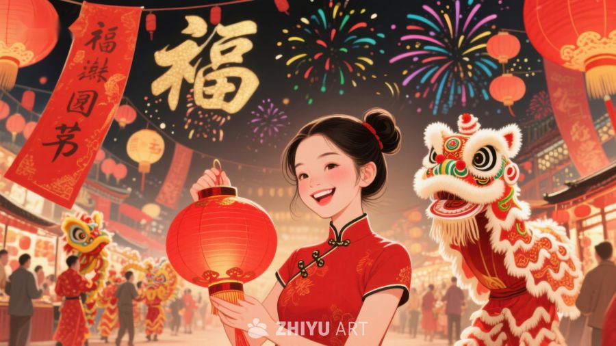 欢庆春节，舞狮灯笼映夜空 378