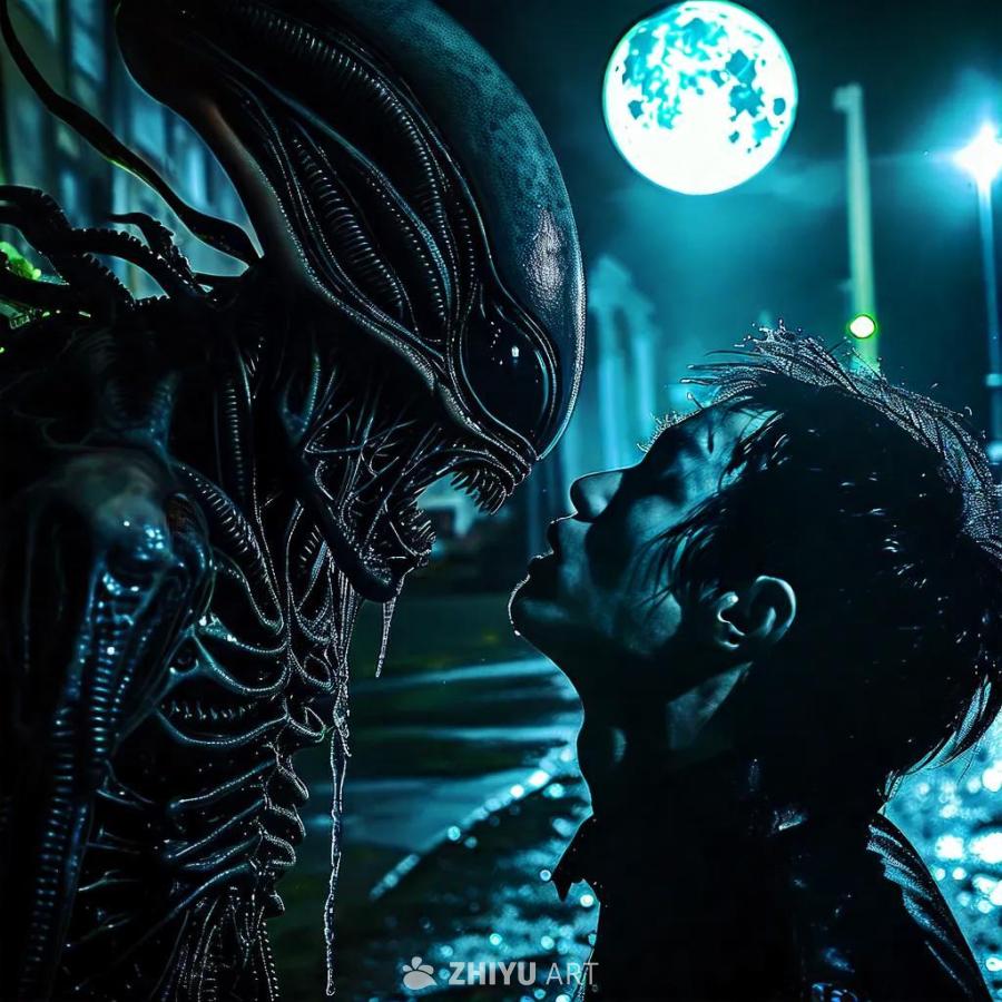 在阴影笼罩的都市环境中，一个焦虑的、夜间活动的吸血