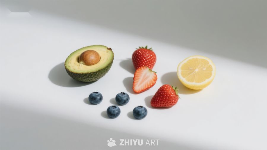 新鲜水果组合：牛油果、草莓、蓝莓和柠檬