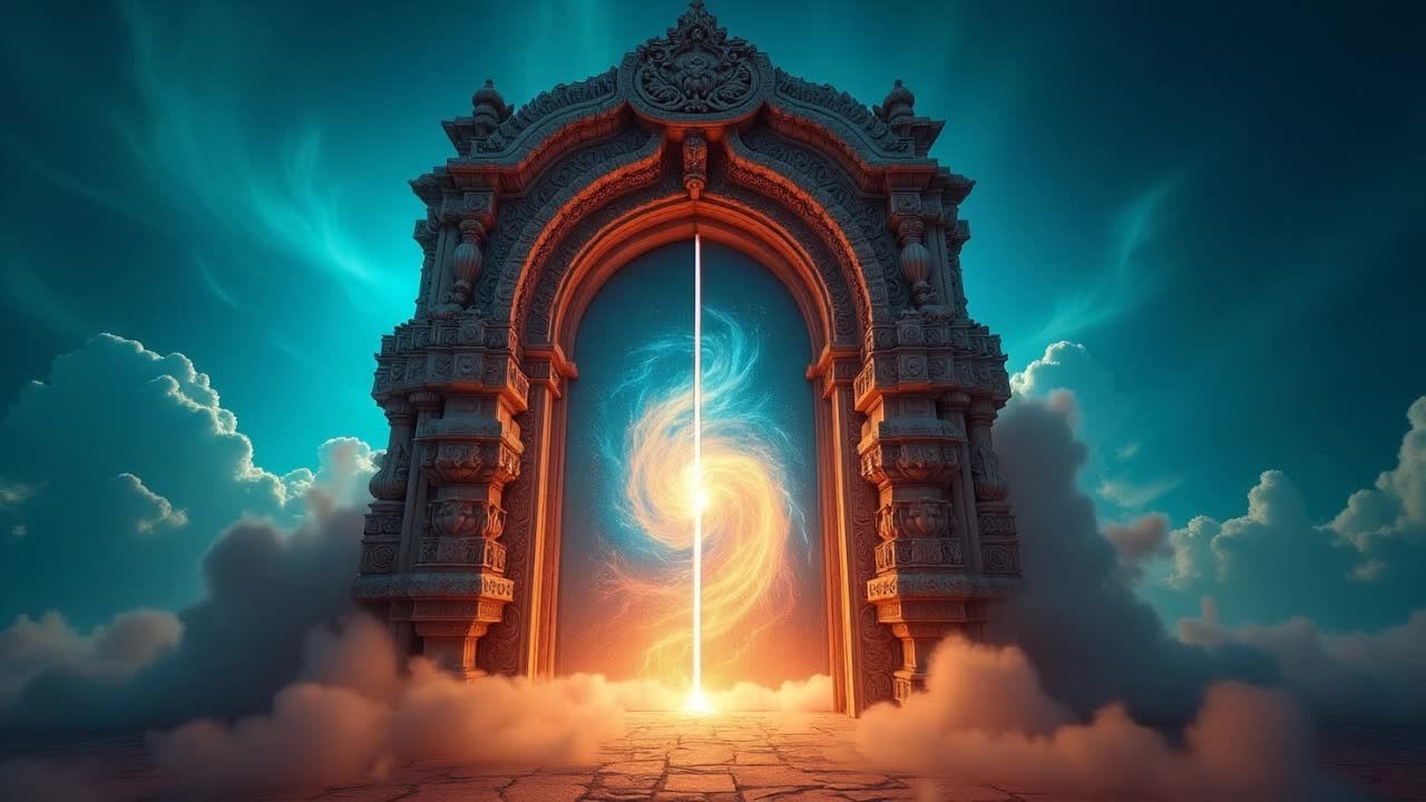 镜头逐渐靠近一扇门，门内是云彩和天空的超现实景观。
