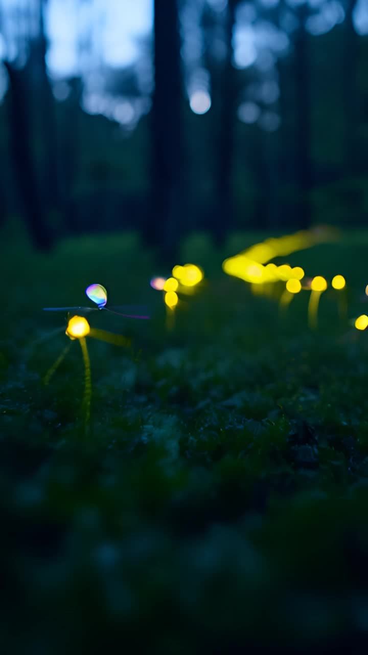 黄昏时分的森林场景，萤火虫开始发光，每个萤火虫都发