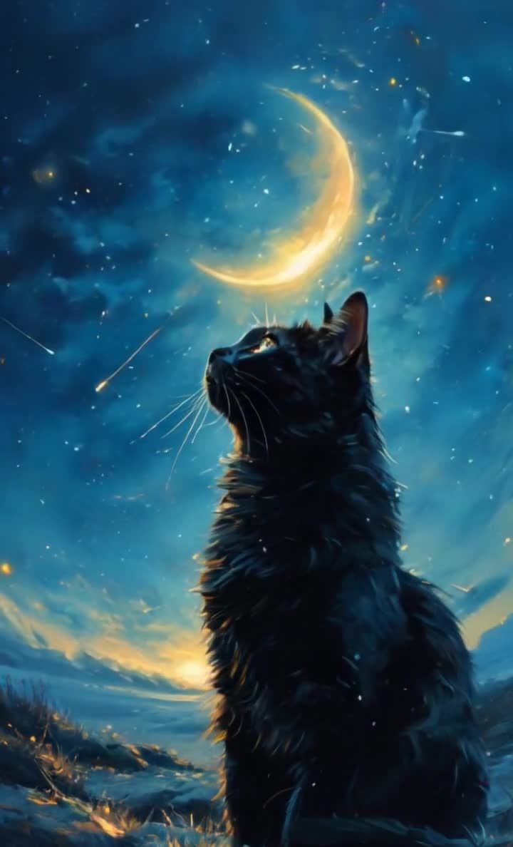 一只黑猫仰望夜空。夜空中挂着一弯明亮的金色月亮，周