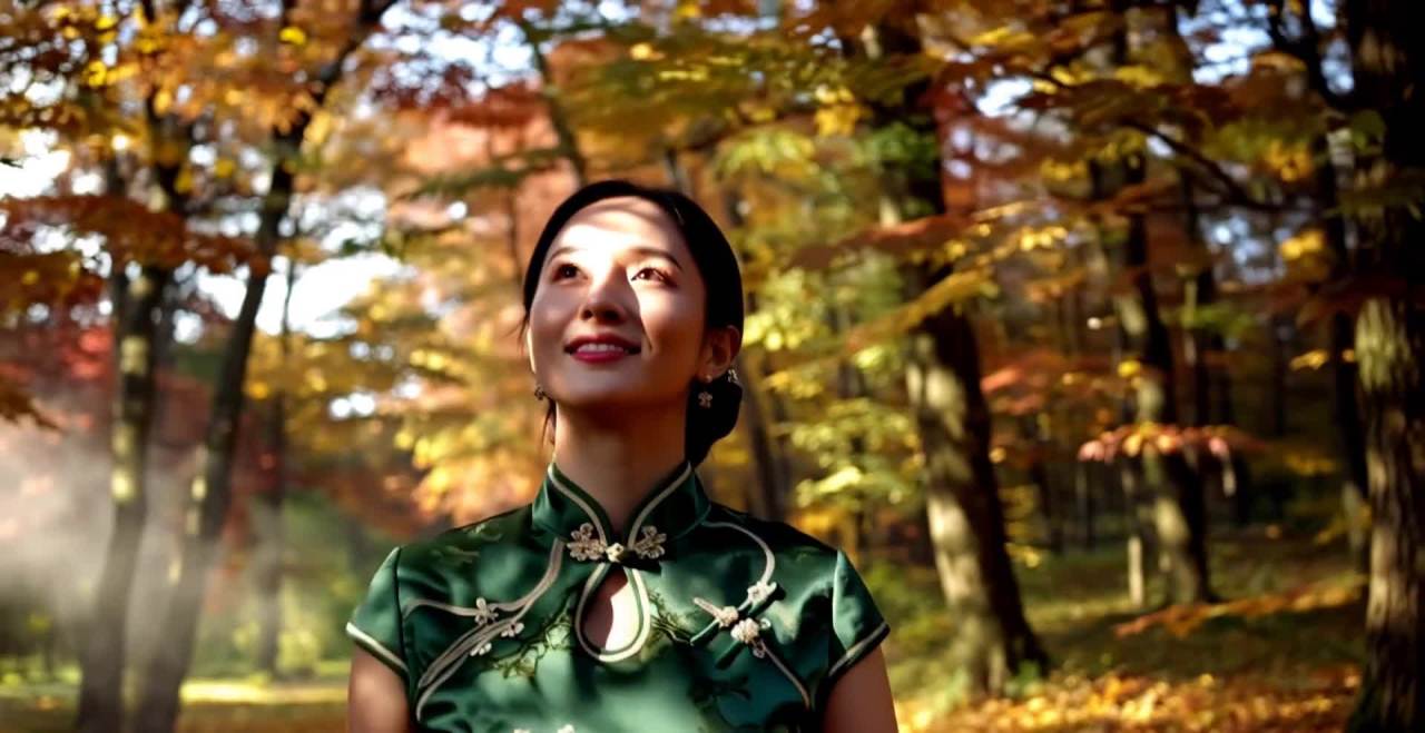 一位身着绿色旗袍的女性穿梭于枫叶林中，时而抬头仰望