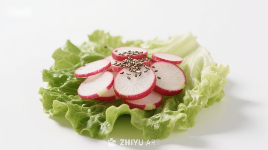 生菜上摆放的切片萝卜