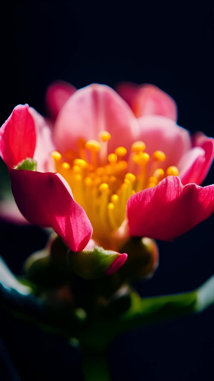 一朵粉色的花,花瓣层层叠叠,中间是黄色的雄蕊和雌蕊。花的周围有绿色的叶子和茎秆,背景为黑色。