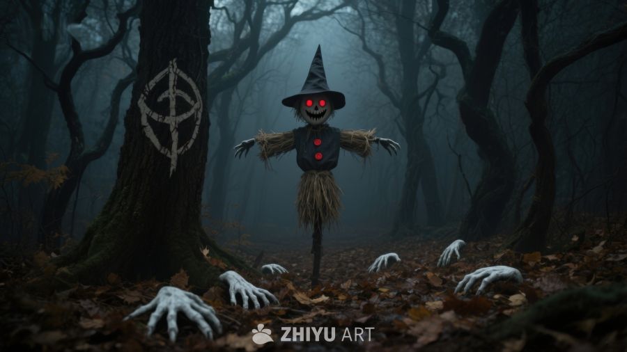 幽暗森林中的恐怖稻草人