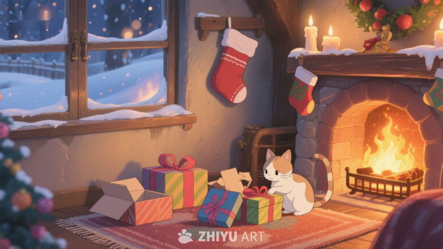 猫咪圣诞夜，温暖壁炉旁 127