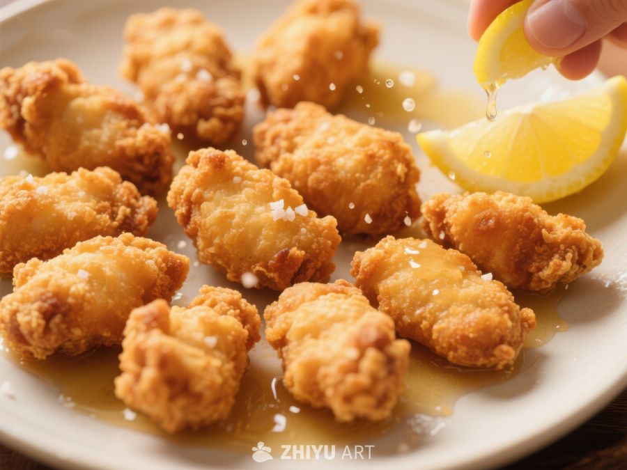 金黄酥脆的炸鸡块配柠檬汁 65