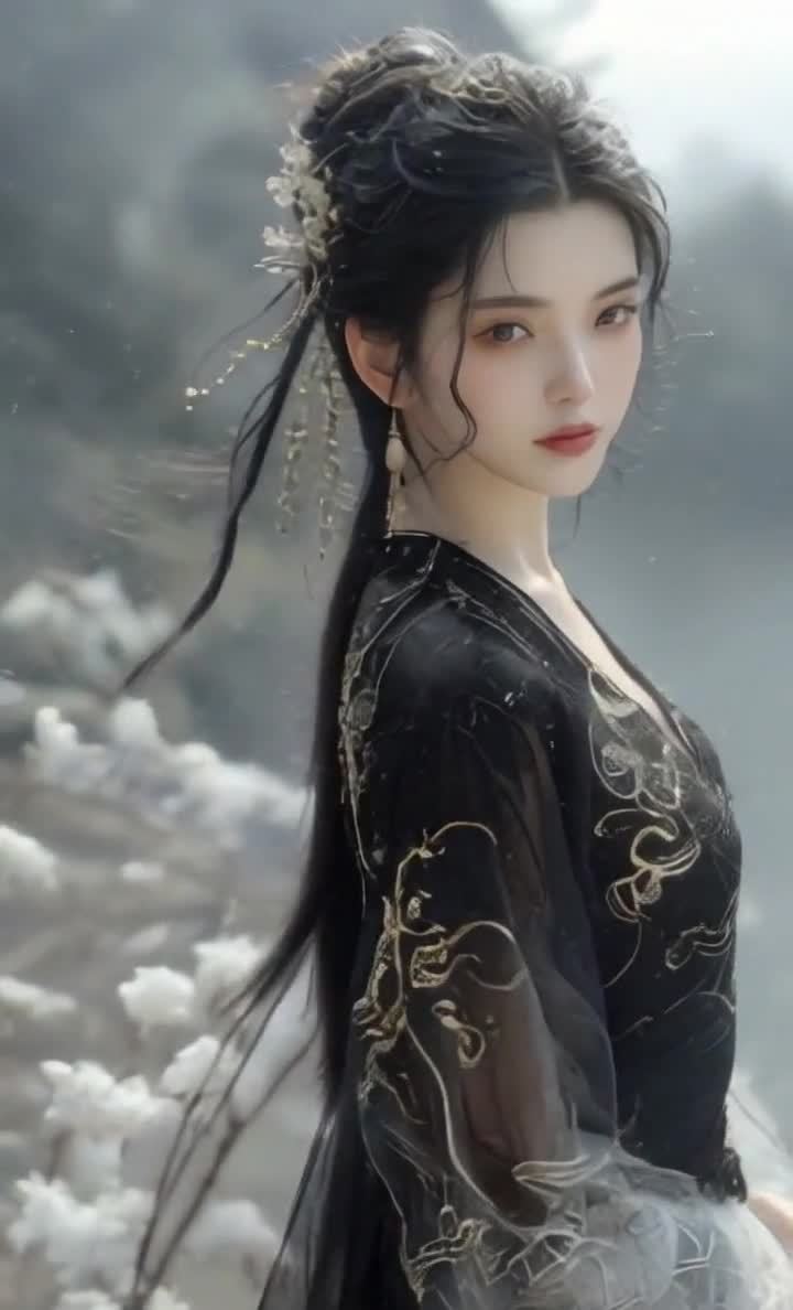 雪中黑衣女子，华服花饰侧身凝视镜头。