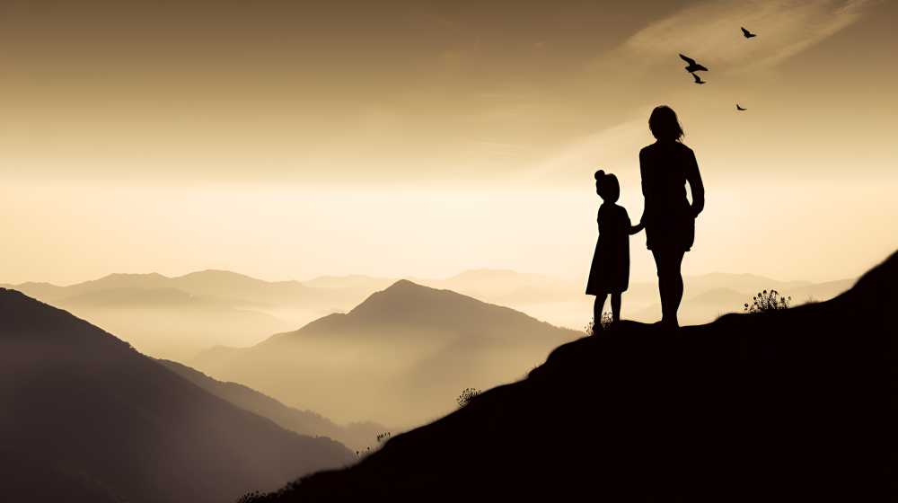 白色隔绝的妇女和孩子剪影在山的地平线上