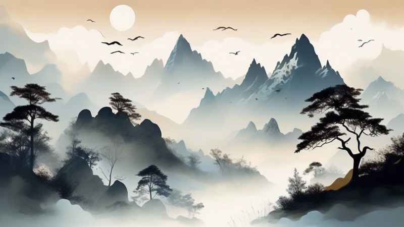 国风水彩画山水风景插画 109